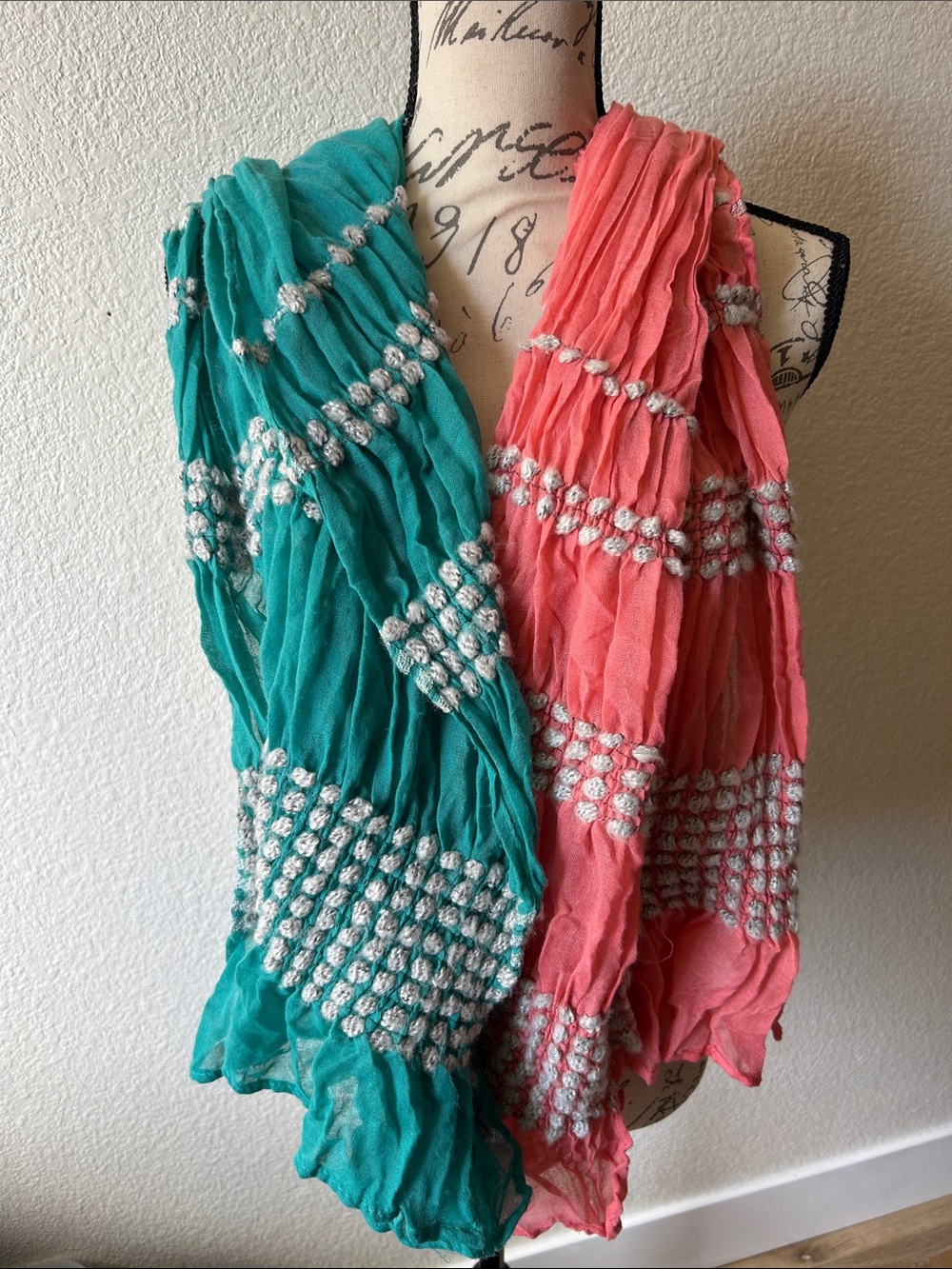 2 scarf BUNDLE ! Light Coral and Teal Women's Scarves with Accents